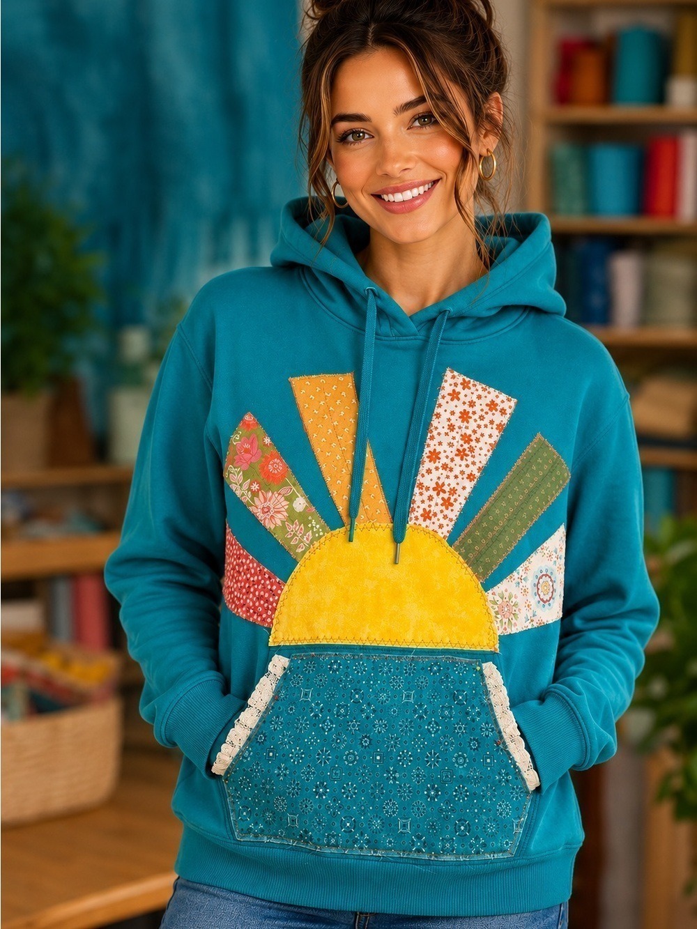 Custom Upcycled Under Armour Hoodie Sunburst Patchwork Cottagecore Small - Picture 5 of 8